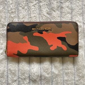 Michael Kors large continental zip around wallet, orange camouflage